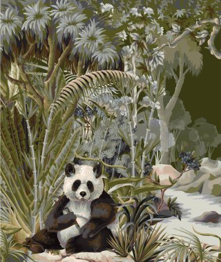 Yeşillik Sahnesinde Pandalı Tropikal Orman Duman ve Beyaz Kaplan.