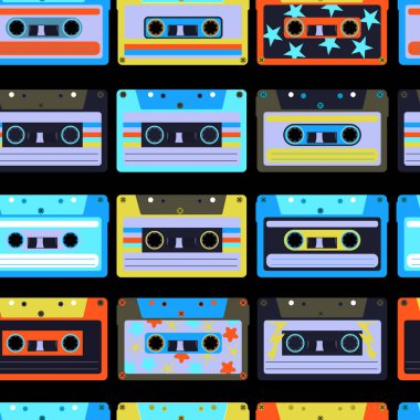 Canlı Kusursuz Retro Kaset Bant Arkaplanı Neon Sentetik Tasarım.