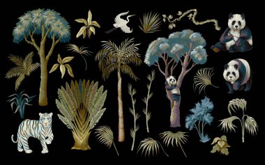 Ayrıntılı İzole Panda Üçlüsü Tropikal Orman Yaprakları Santralleri Vektör Resimleriyle çevrili.