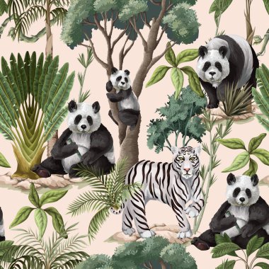 Kusursuz Ormansız Panda Şablonu Tropikal Yapraklar ve Egzotik Vahşi Yaşam İllüstrasyon Sanatı.