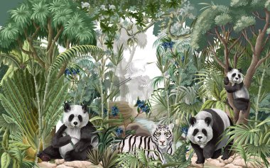 Yeşillik Sahnesinde Pandalı Tropikal Orman Duman ve Beyaz Kaplan.