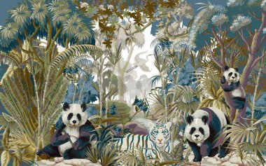 Yeşillik Sahnesinde Pandalı Tropikal Orman Duman ve Beyaz Kaplan.