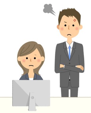 İş sahne, patron ve alt / yerinde patronum kızmaya bir iş kadını bir örnektir.