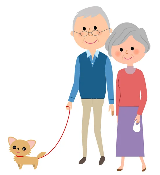 老夫妇 步行与狗 说明一对年长夫妇遛狗 — 图库矢量图片