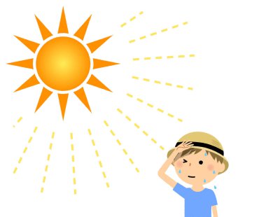 Bir çocuk bir şapka ile kaplı / güneş çarpması karşı önlemler ile bir şapka giymiş bir çocuk bir örnektir.