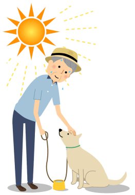 Yaşlı adam bir köpek yürüyen bir şapka / bir şapka giymiş bir köpek yürüyen yaşlı bir adam bir örnektir.