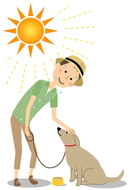 Young man wearing a hat walking a dog/It is an illustration of an young man walking a dog wearing a hat. clipart
