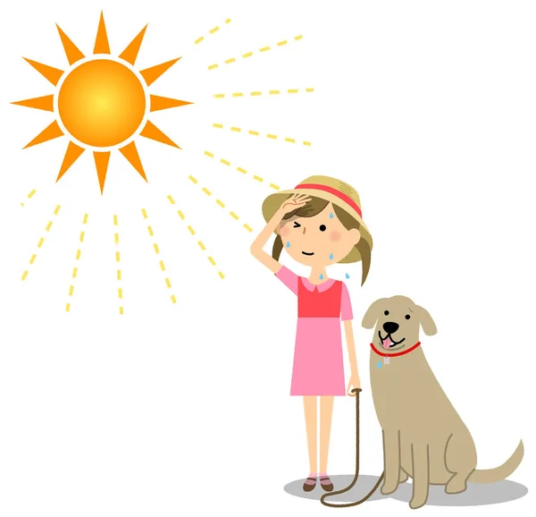 在阳光明媚的日子里遛狗的女孩在阳光明媚的日子里遛狗的情景 — 图库矢量图片