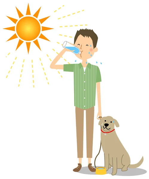 Junger Mann Der Mit Hunden Spazieren Geht Während Hydratisiert Ist — Stockvektor