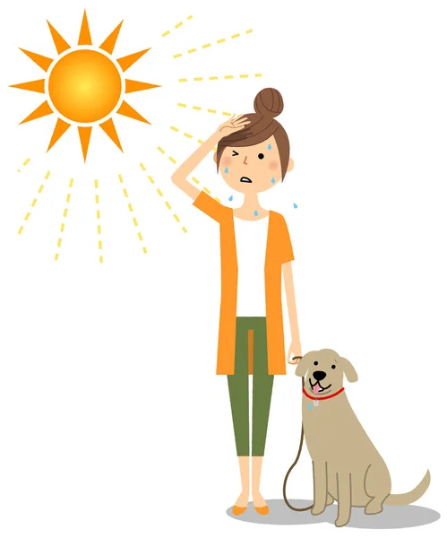 在高温下遛狗的年轻女子是一个例子 一个年轻的女人在高温下遛狗 — 图库矢量图片
