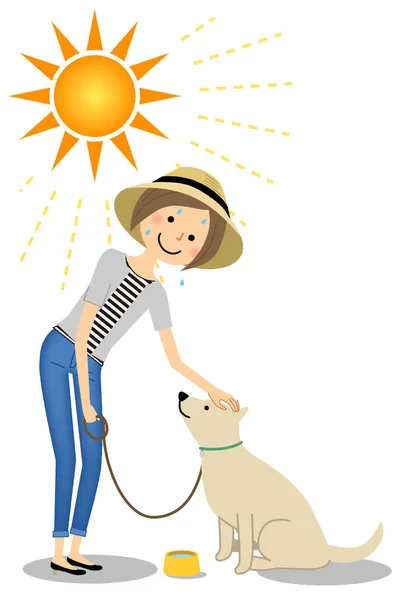 Mujer Joven Con Sombrero Paseando Perro Una Ilustración Una Mujer — Vector de stock