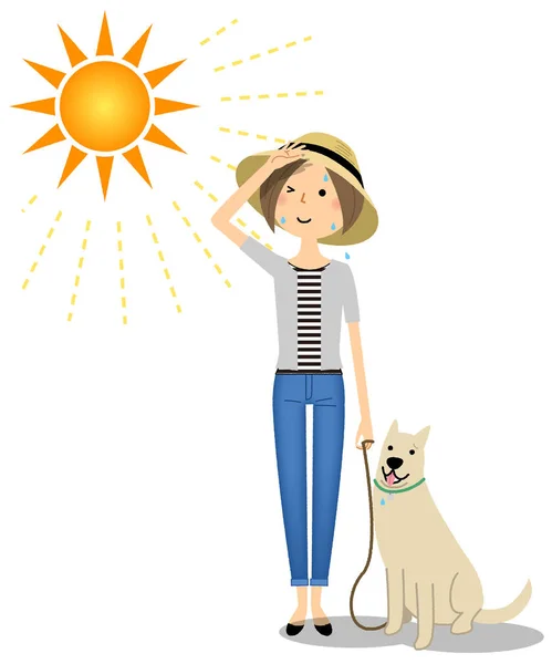 Young Woman Wearing Hat Walking Dog Illustration Young Woman Walking — 图库矢量图片