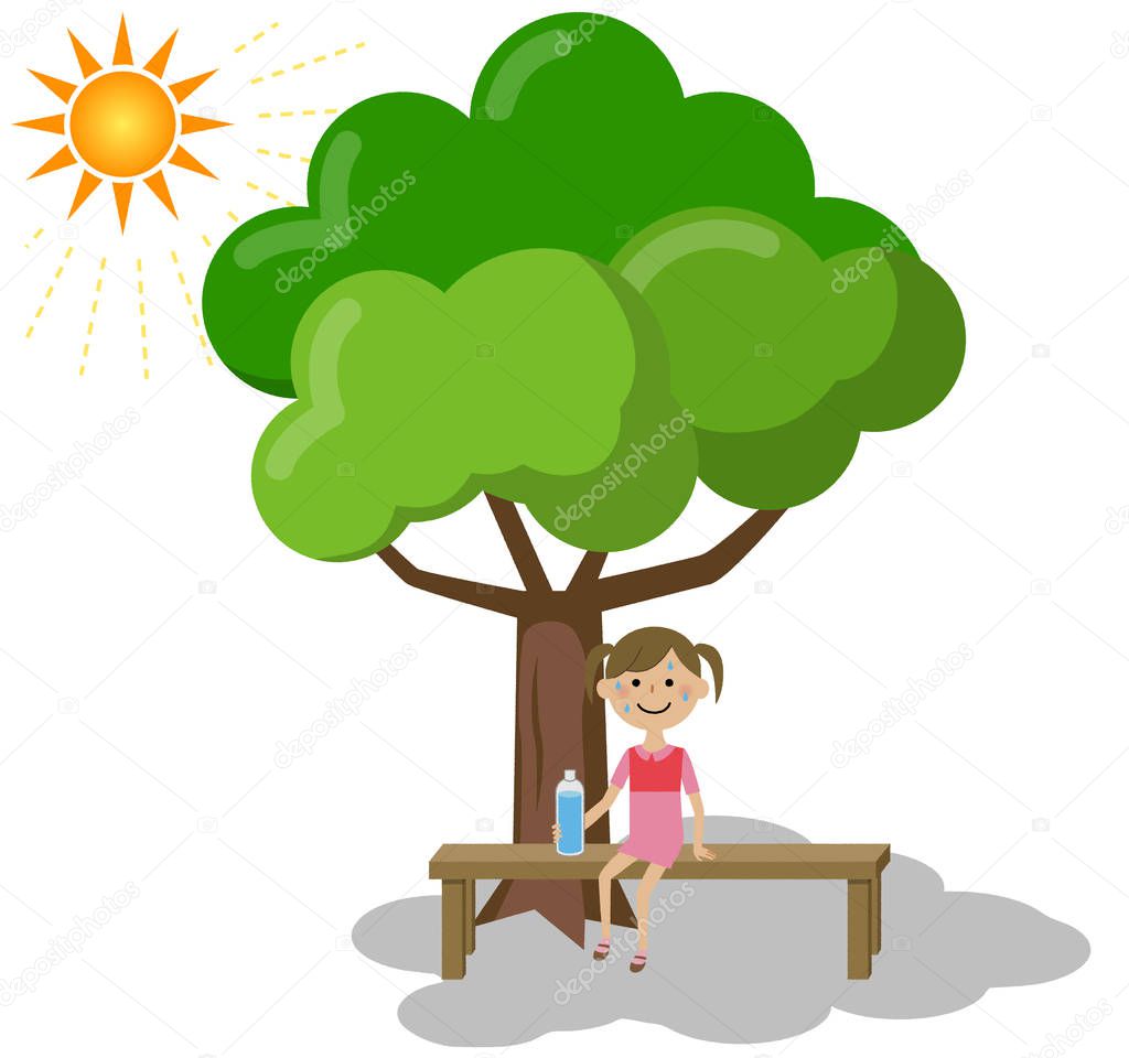 A girl taking a rest in the shade/Illustration of a girl taking a rest in the shade.
