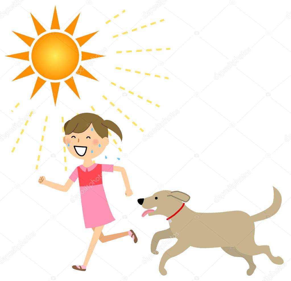 Girl, Running with a dog/Illustration of a girl running with a dog.