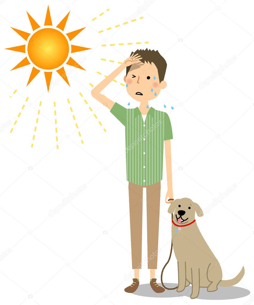 Young man walking dogs in the heat/It is an illustration of an young man walking a dog in the heat.