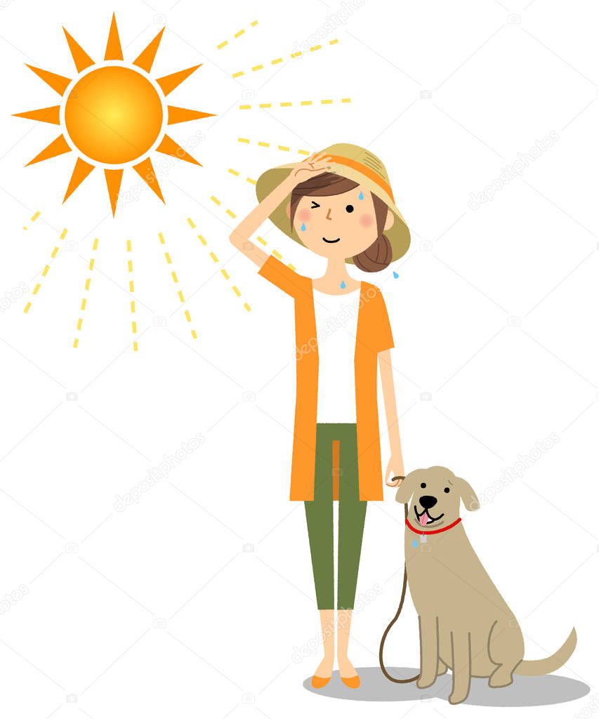 Young woman wearing a hat walking a dog/It is an illustration of an young woman walking a dog wearing a hat.