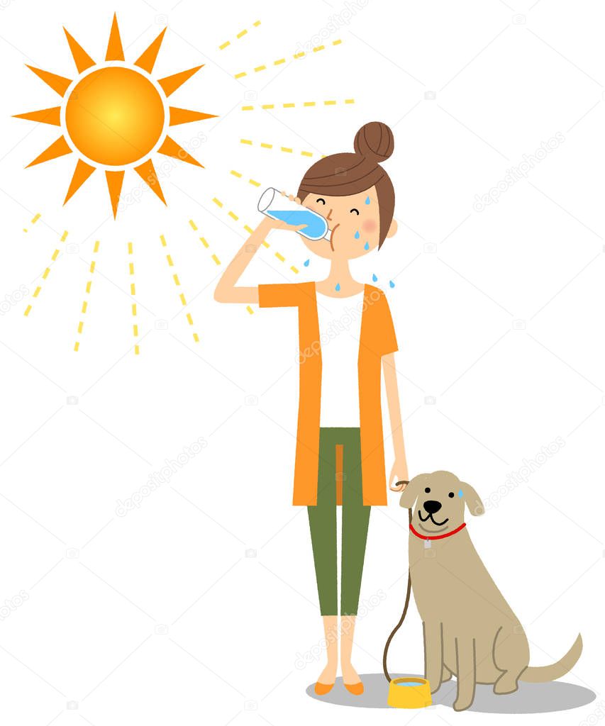 Young woman walking with dogs while hydrating/It is an illustration of an young woman who takes a walk of a dog while rehydrating.