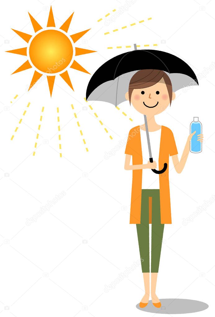 Young woman who take measures against heat stroke/It is an illustration of any oung woman who takes measures against heat stroke.
