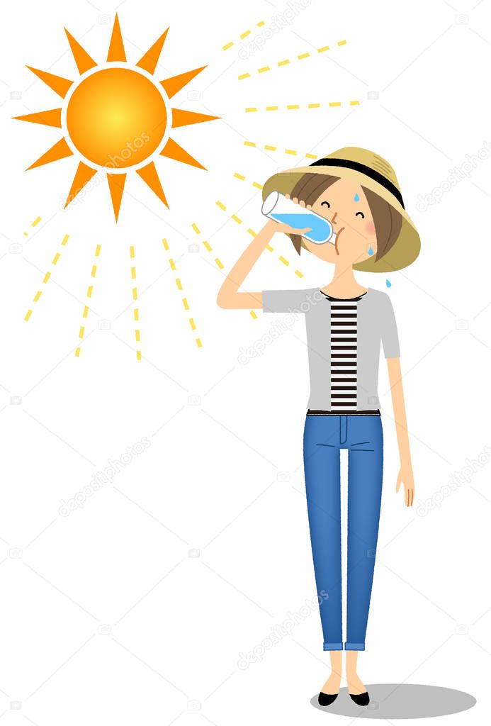 Young woman feeding hydration/It is an illustration of an young woman who supplies hydration.