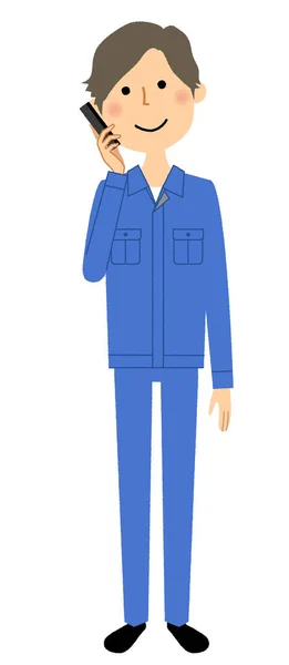 Jeune Homme Qui Travaille Téléphone Illustration Travailleur Parlant Sur Téléphone — Image vectorielle