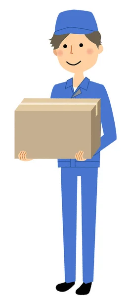 Pracovní Mladý Muž Krabici Ilustrace Mužského Pracovníka Přepravní Karton Box — Stockový vektor