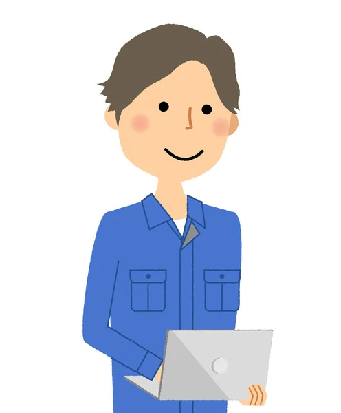 Praca Młodego Człowieka Laptop Ilustracja Mężczyzna Robotnik Pracy Komputera Typu — Wektor stockowy