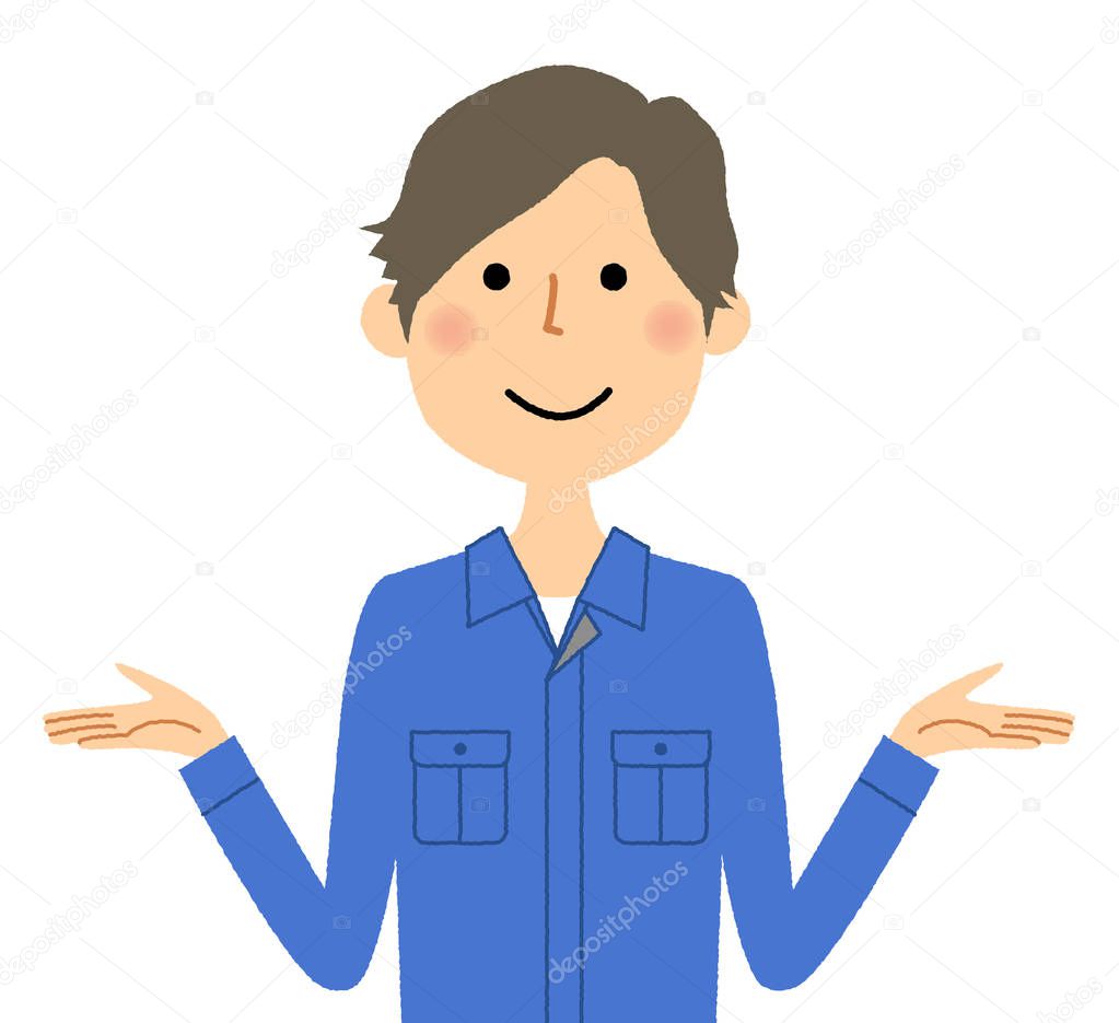 Working young man, Spread both hands/Illustration of a young working man who spreads both hands.