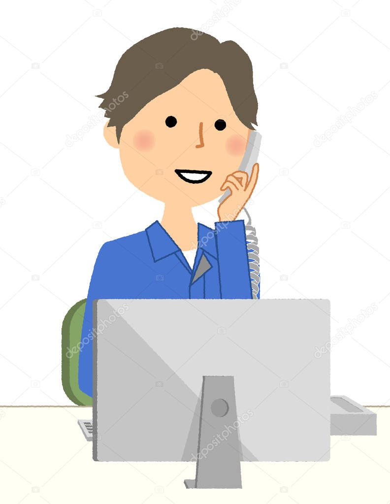 Working young man, PC and phone/It is an illustration of a male worker who calls in front of a personal computer.