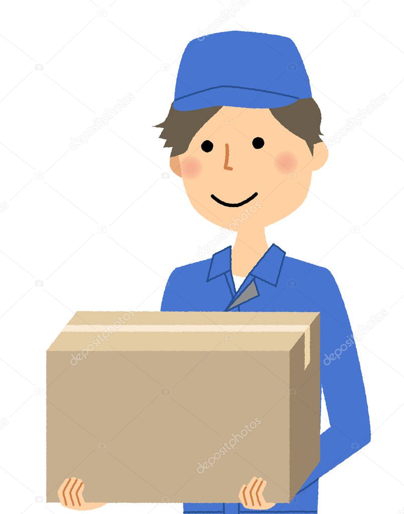 Working young man, Cardboard box/It is an illustration of a male worker carrying a cardboard box.