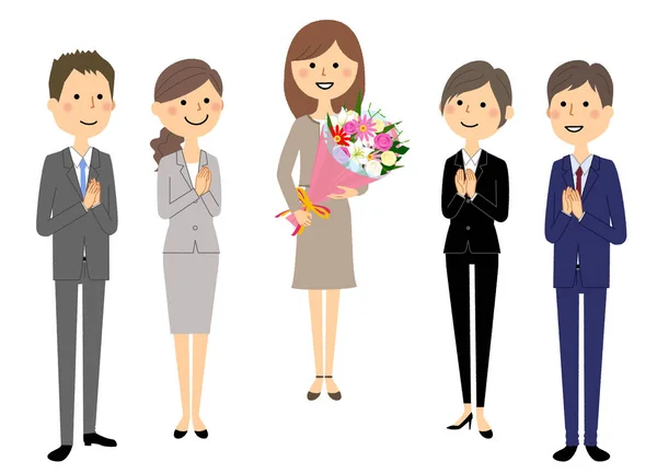 Business Team People Suit Illustration Woman Suit Receive Bouquet — Stock Vector