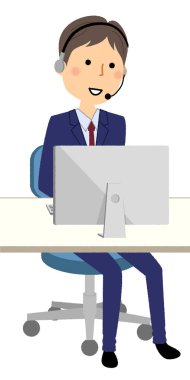 İşadamı, kişisel bilgisayar ve eller serbest kulaklık/illüstrasyon Pc önünde konuşmak için bir takım elbise içinde bir kadın.