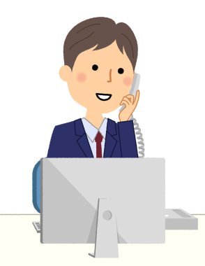 İşadamı, telefon ve kişisel bilgisayar/illüstrasyon bir takım elbise içinde bir kadın Pc önünde konuşmak.