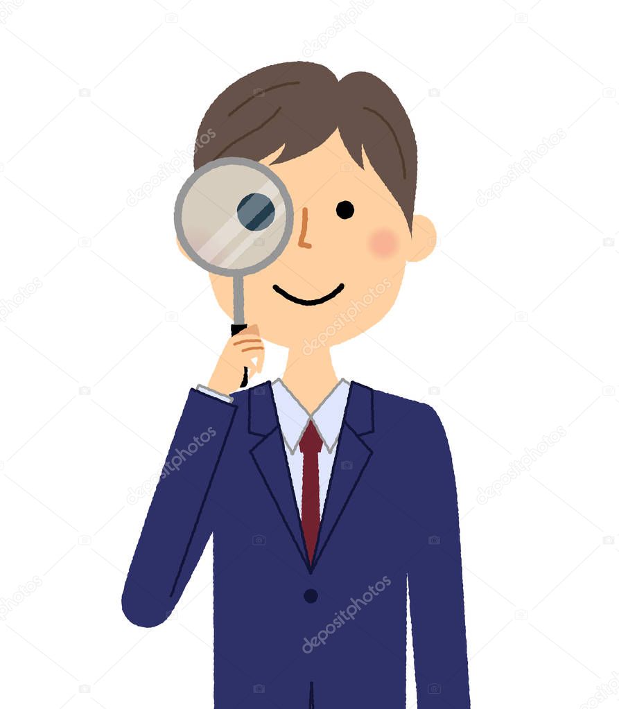 Businessman,Magnifying glass/Illustration of a businessman in a suit looking into the magnifying glass.