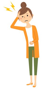 Genç kadın, Anne, Genç bir kadın ile bir baş ağrısı baş ağrısı/çizimi.