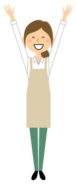 Kadın giyiyor önlük, vermek hem eller yukarı, alkış/bu ellerini yükselterek bir önlük giyen bir kadın bir örnektir.