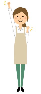 Kadın giyiyor önlük, zafer Duraklat / bir önlük giyen bir kadın bir zafer poz oynarken gösteren bir örnek bulunmaktadır.