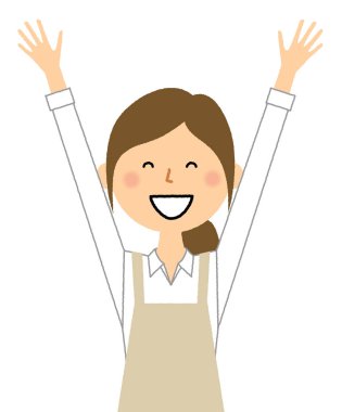 Kadın giyiyor önlük, vermek hem eller yukarı, alkış/bu ellerini yükselterek bir önlük giyen bir kadın bir örnektir.