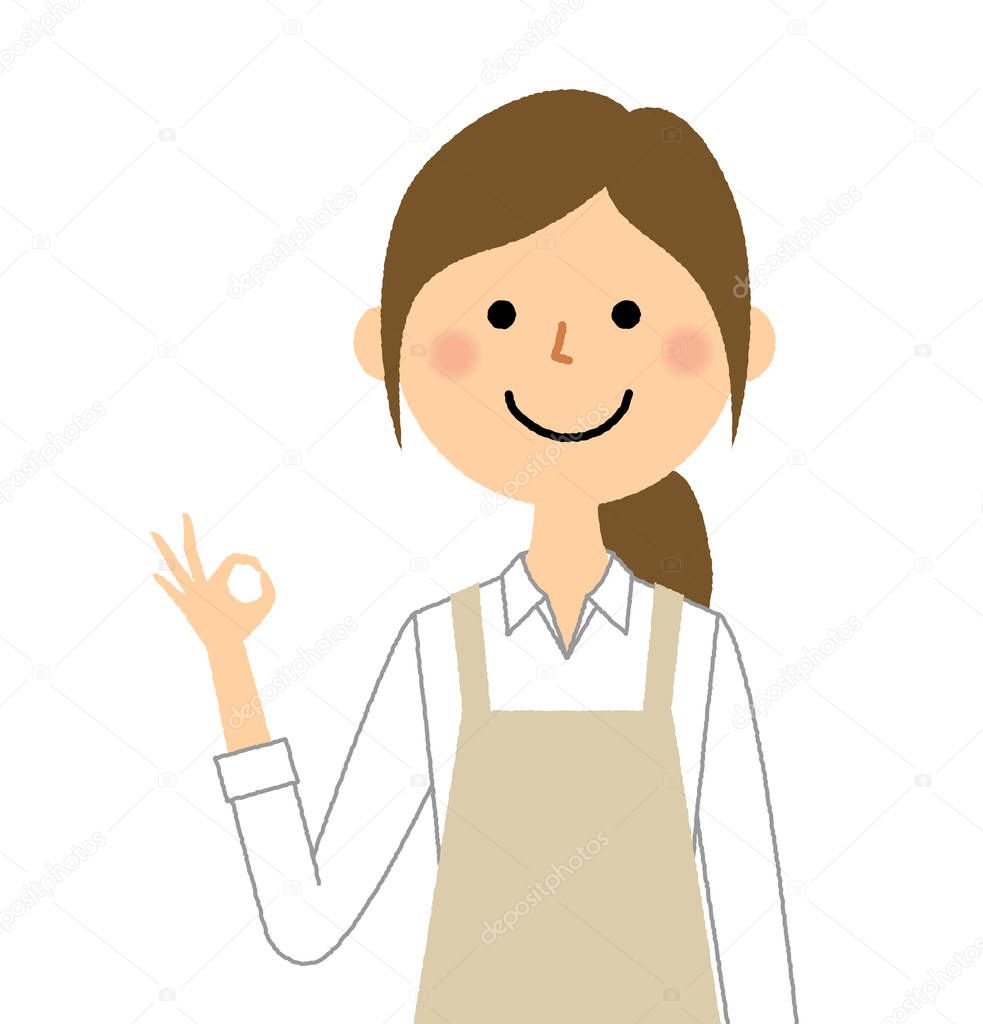 Woman wearing apron,Ok Sign/It is an illustration of a woman wearing an apron that makes an OK sign.