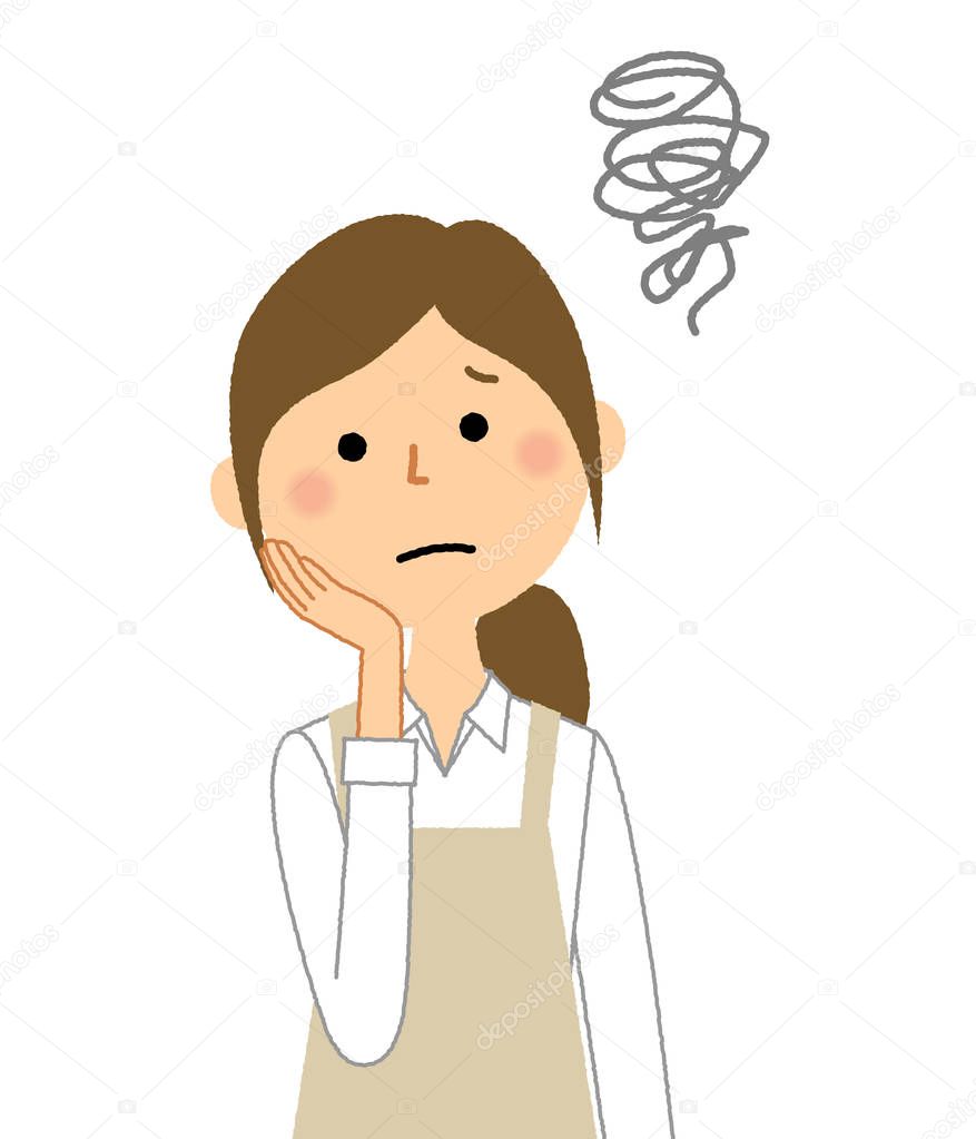 Woman wearing apron,Be troubled/A woman wearing an apron is in trouble.