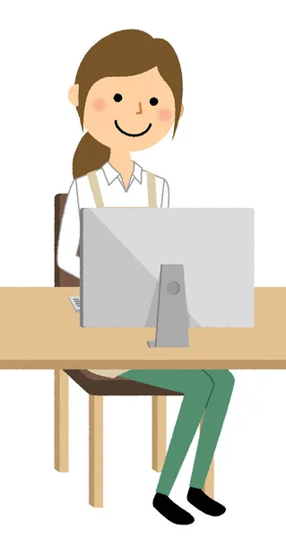 女性が身に着けているエプロン エプロンを着ている女性はパソコン操作の図 — ストックベクタ