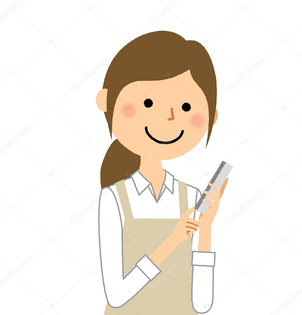 Woman wearing apron,Smart phone/A woman wearing an apron is an illustration to operate a smartphone.