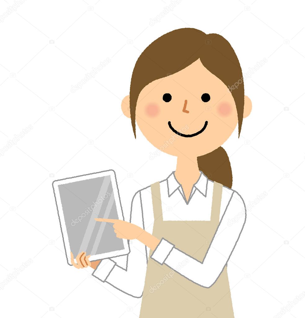 Woman wearing apron,Tablet/A woman in an apron is an illustration with a tablet.