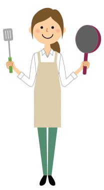 Kadın giyiyor önlük, bir önlük giyen yemek/A kadın pişirmek için gösteren bir örnek bulunmaktadır..