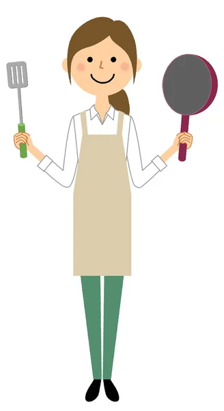 女性の身に着けているエプロン エプロンを着て調理 女性が調理する図です — ストックベクタ