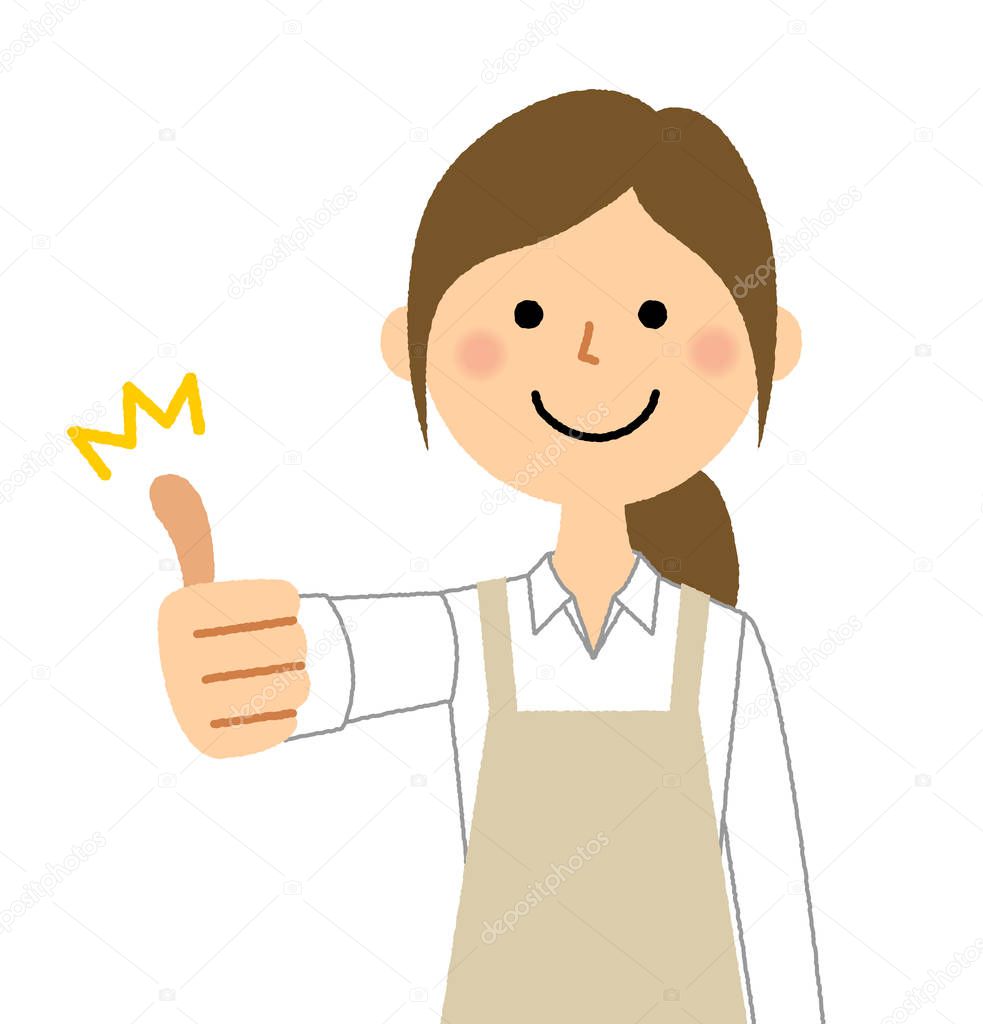 Woman wearing apron,Thumbs up/It is an illustration that a woman wearing an apron will thumb up.