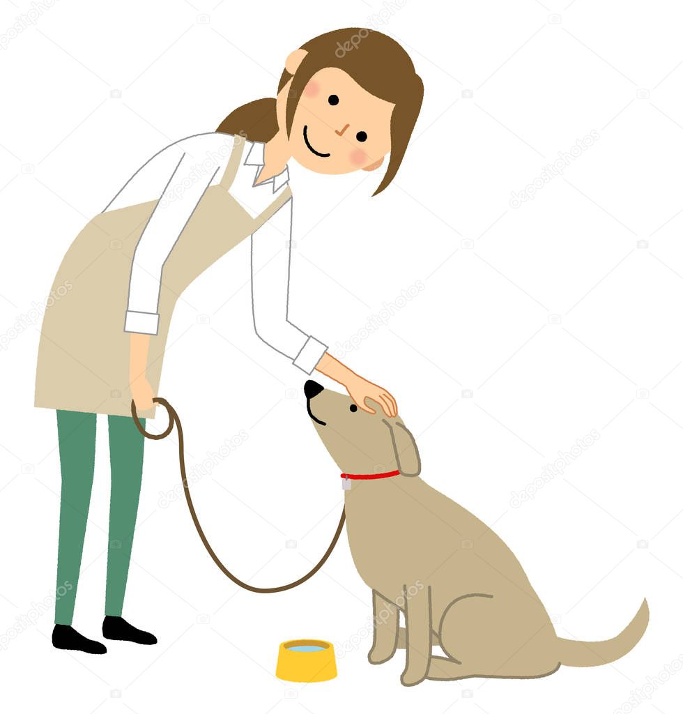 Woman wearing apron,Walk with a dog/A woman wearing an apron is an illustration of walking a dog.