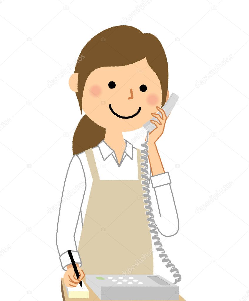 Woman wearing apron,Phone/This is an illustration a woman wearing an apron is calling.