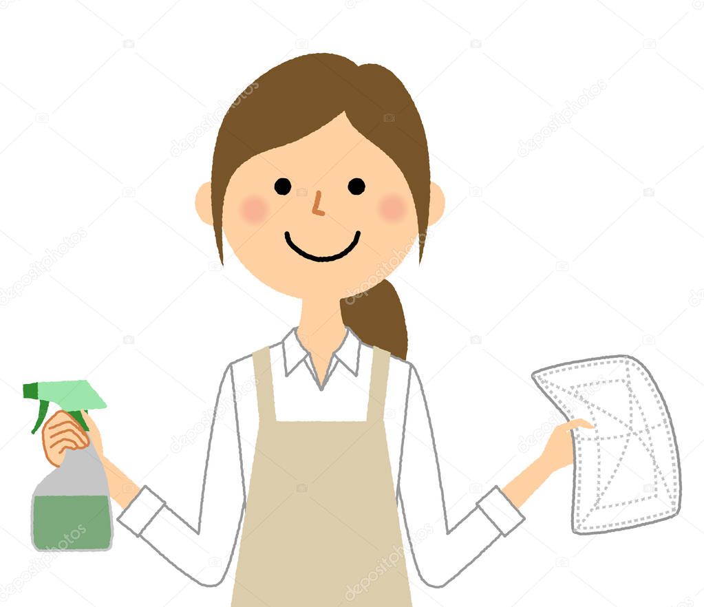 Woman wearing apron, Wiping clean/A woman wearing an apron is an illustration for cleaning.