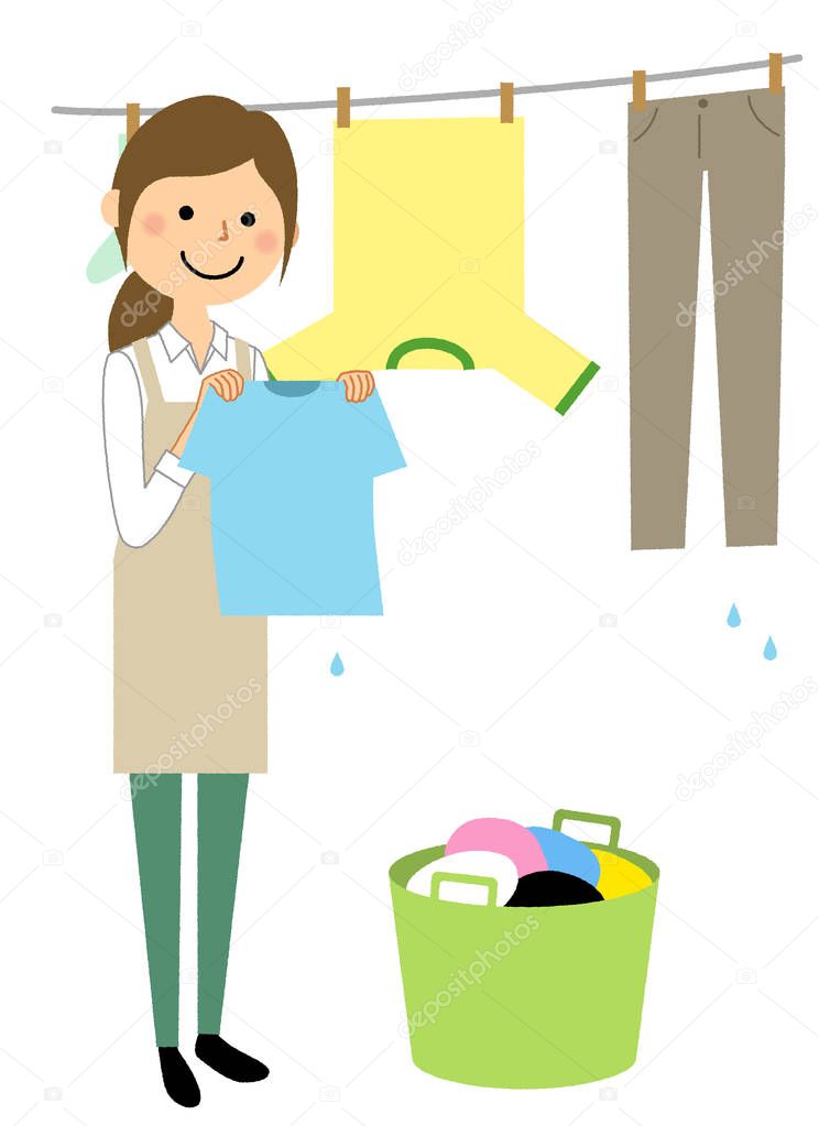 Young woman, mama,Washing/This is an illustration where a woman wearing an apron hangs the laundry.