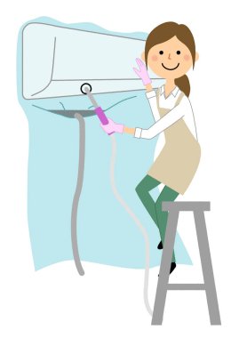 Klima Temizleme/A kadın apronda klimalar temizlemek için gösteren bir örnek bulunmaktadır.